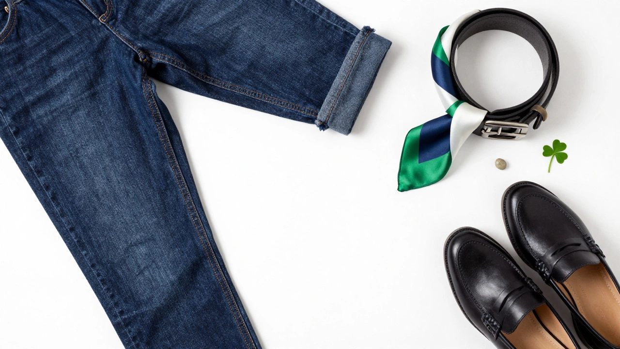 Close-up of stylish denim fabrics and accessories with Irish touches