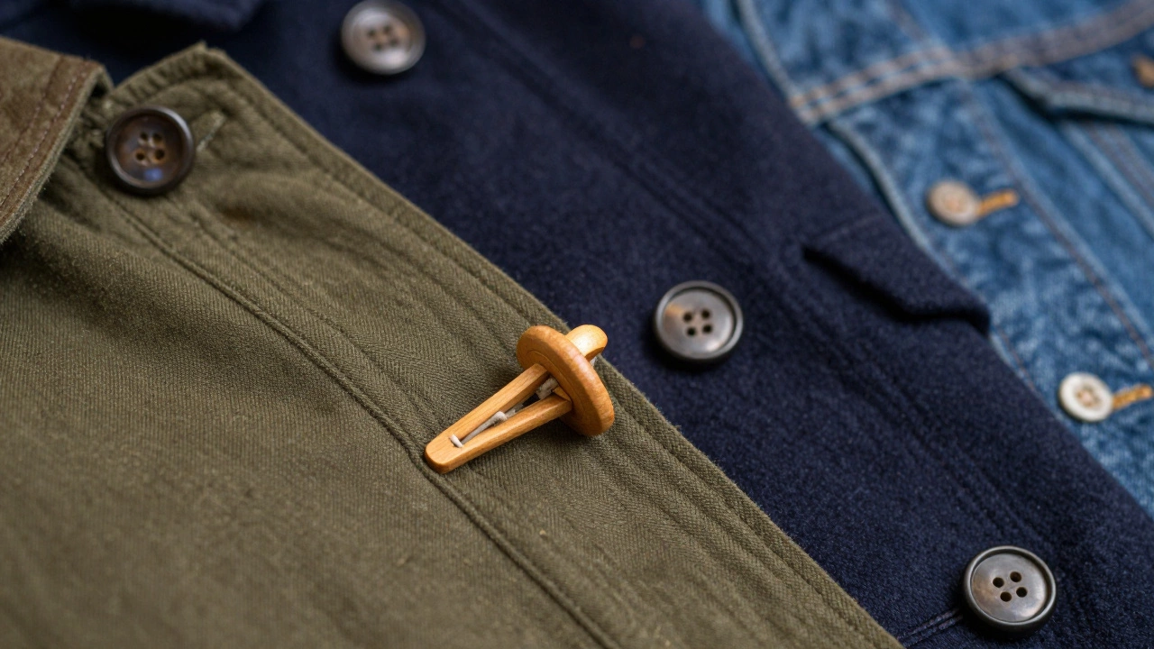 Close-up of wooden toggles and horn buttons on heritage jackets