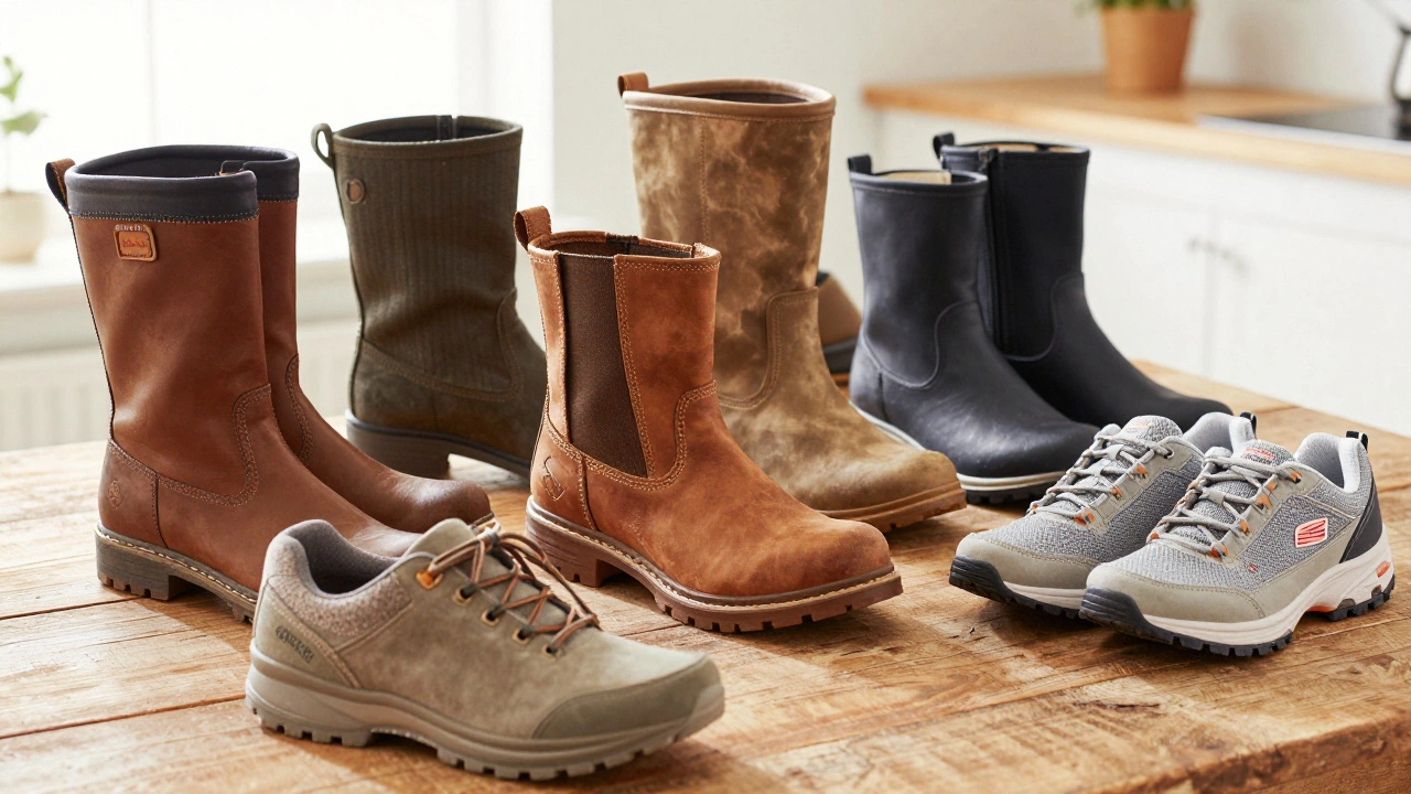 Collection of wide-fit boot brands displayed on a wooden surface