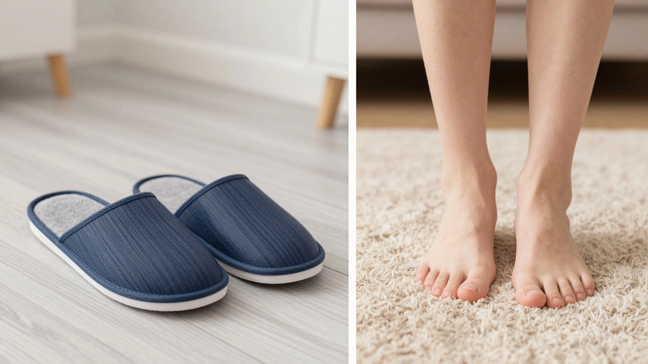 Comparison of supportive slippers on laminate floor versus bare feet on soft rug
