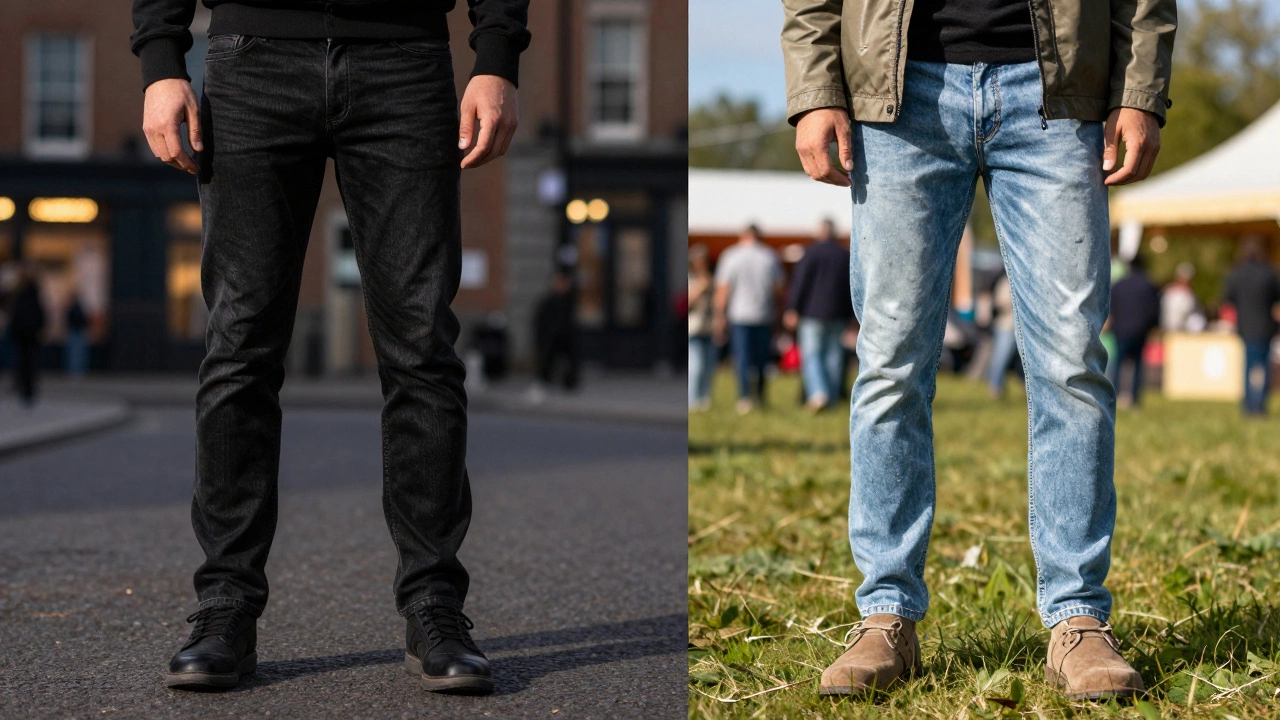 Contrasting black textured denim for city nights and light wash for summer days.