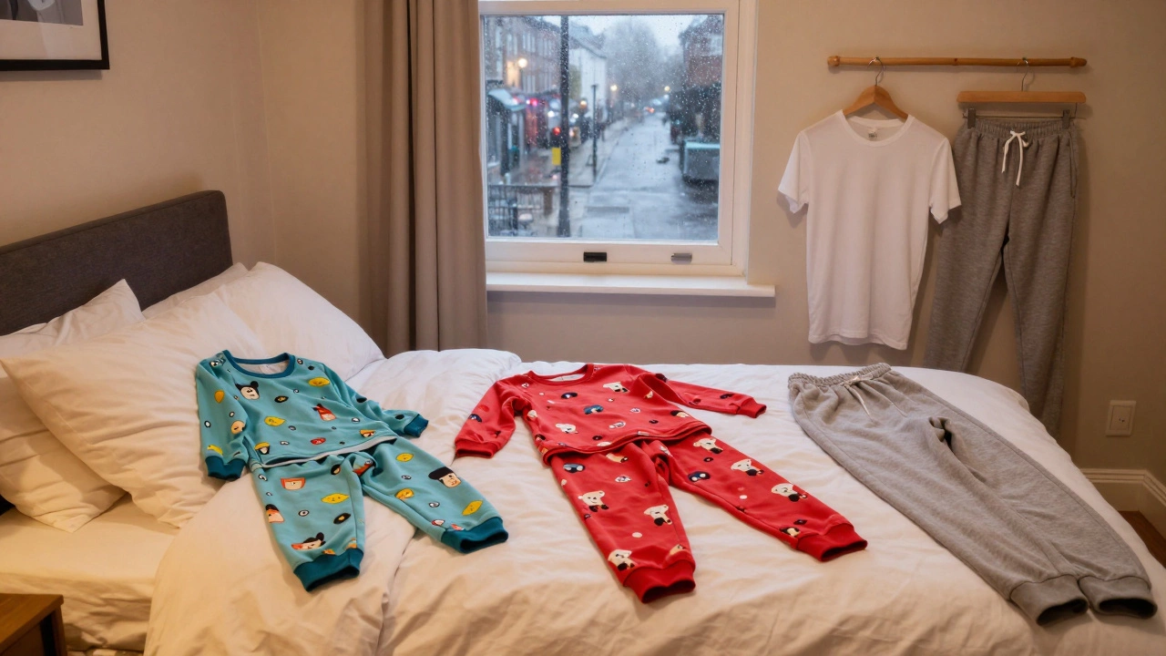 Cozy bedroom with children's pyjamas and adult loungewear