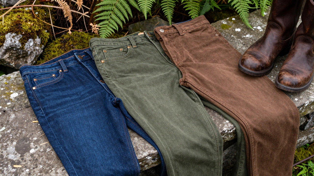 Deep indigo, olive green, and brown jeans displayed on stone with leather boots.