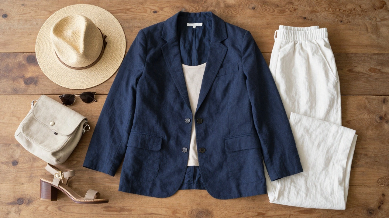 Flat lay of breathable linen and cotton summer outfit layers