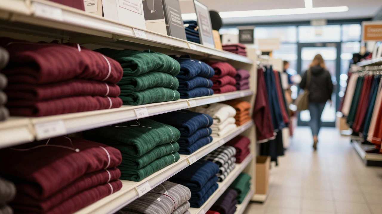 Folded flannelette pyjamas in warm colors on a store shelf