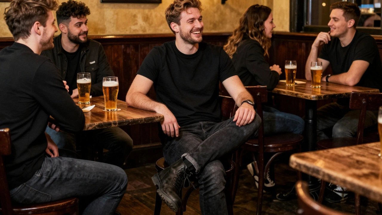 Friends enjoying drinks in a cozy Irish pub, one wearing a black tee