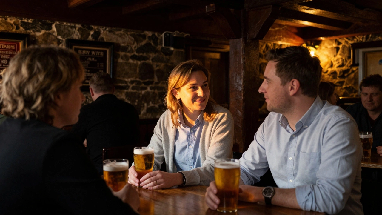 Friends in light clothes in a dim Irish pub
