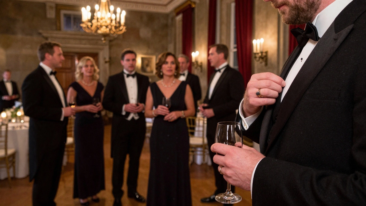Guests in black tie at a formal gala inside a historic Irish castle