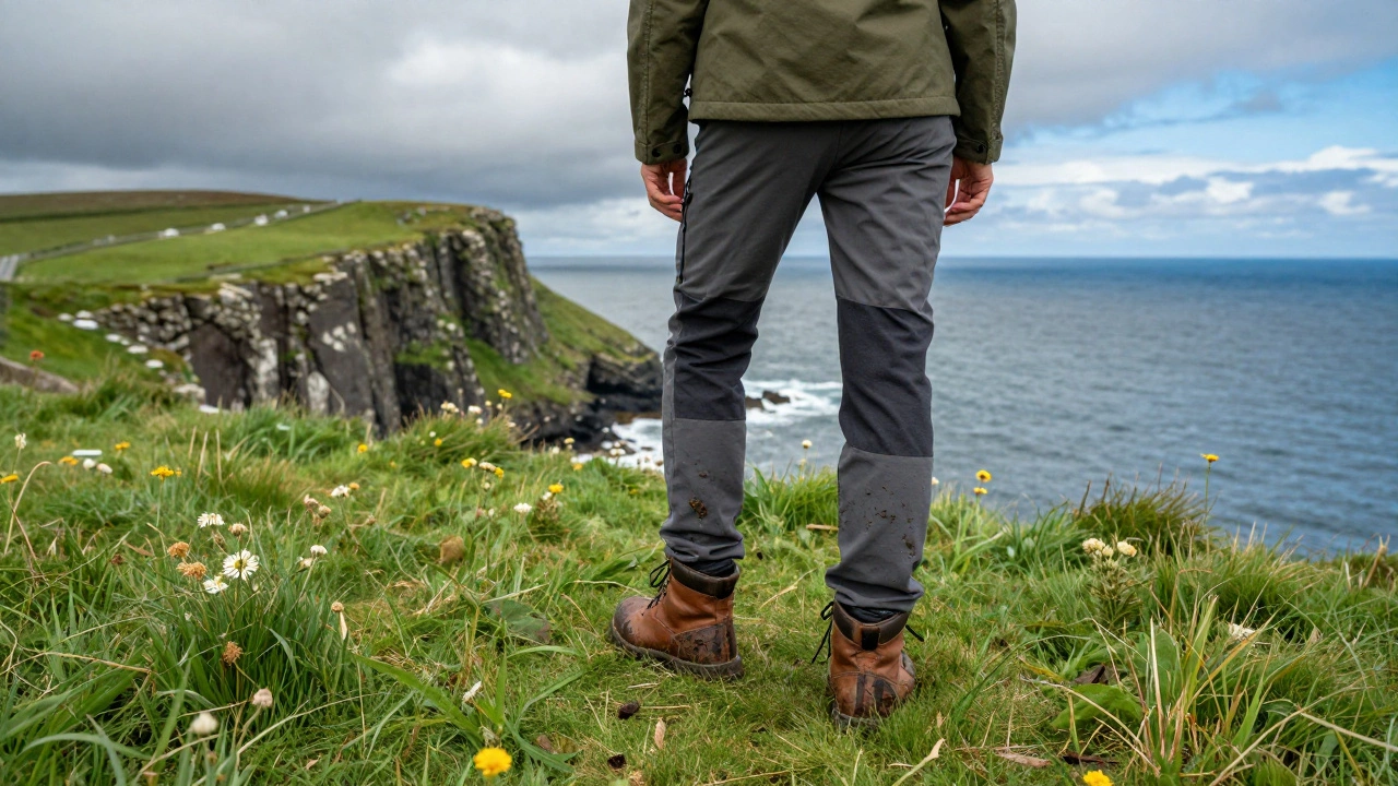 Hiker in olive green gear on Irish cliffs