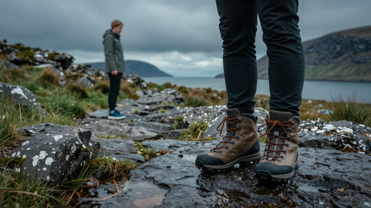 Hiking boots on rocky Irish coast contrasting with sneakers