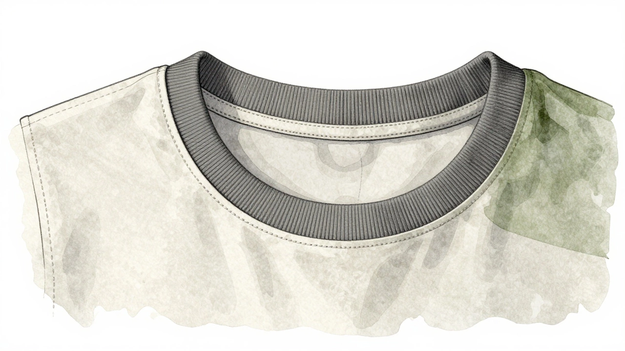 Illustration of flatlock seams and reinforced collar on a tee
