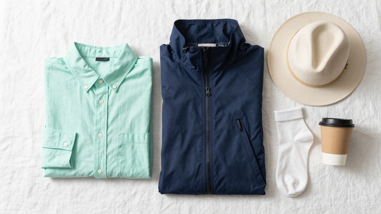 Layered summer outfit flat lay with rain jacket
