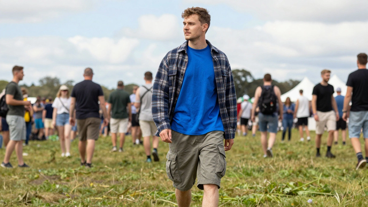 Man in layered bright outfit at Irish music festival
