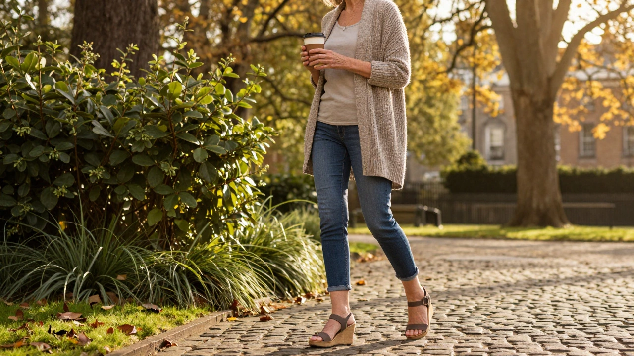 Mature woman enjoying Phoenix Park in comfortable jeans and wedges