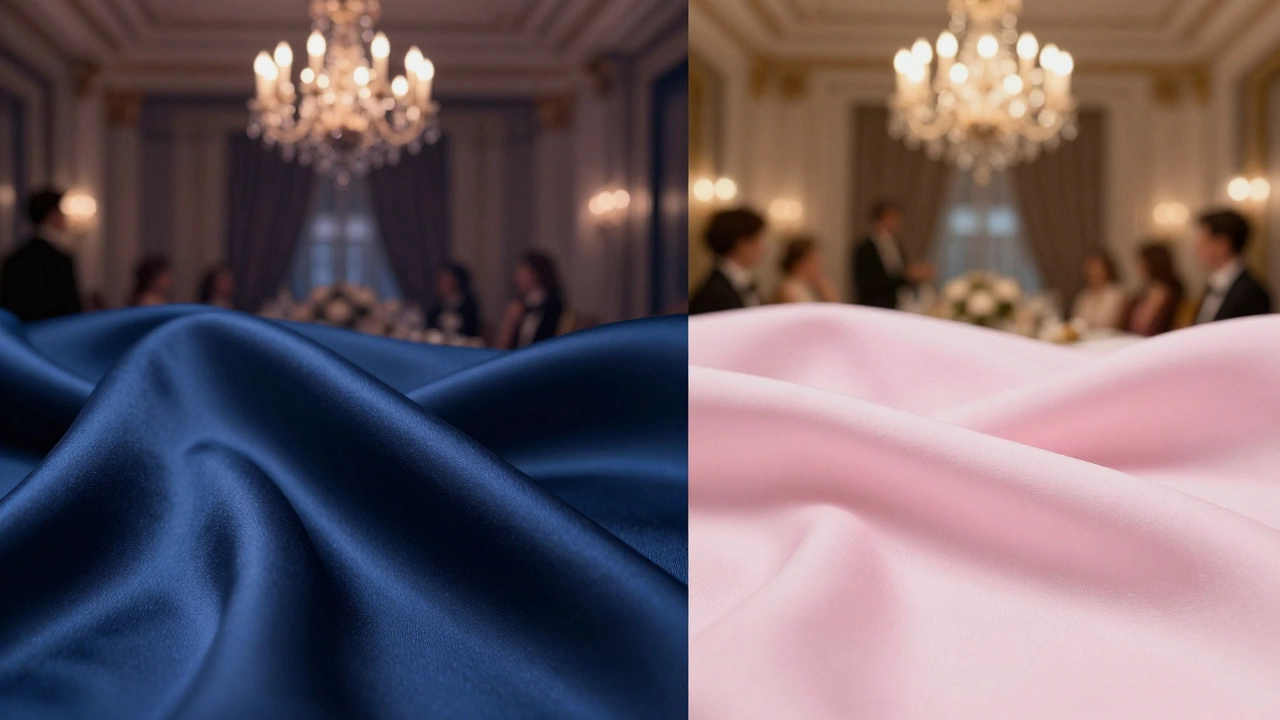 Midnight blue silk vs pastel pink under warm candlelight