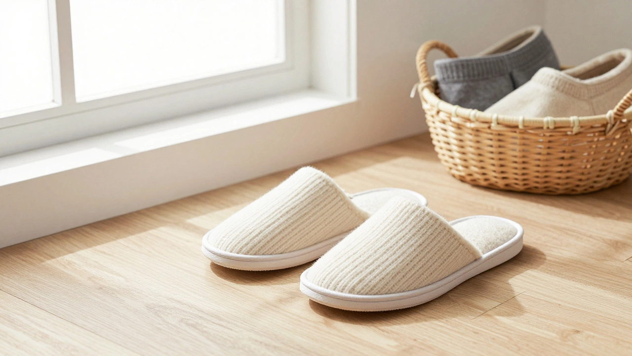 New wool-lined slippers with non-slip soles on clean hardwood floor in sunlight.