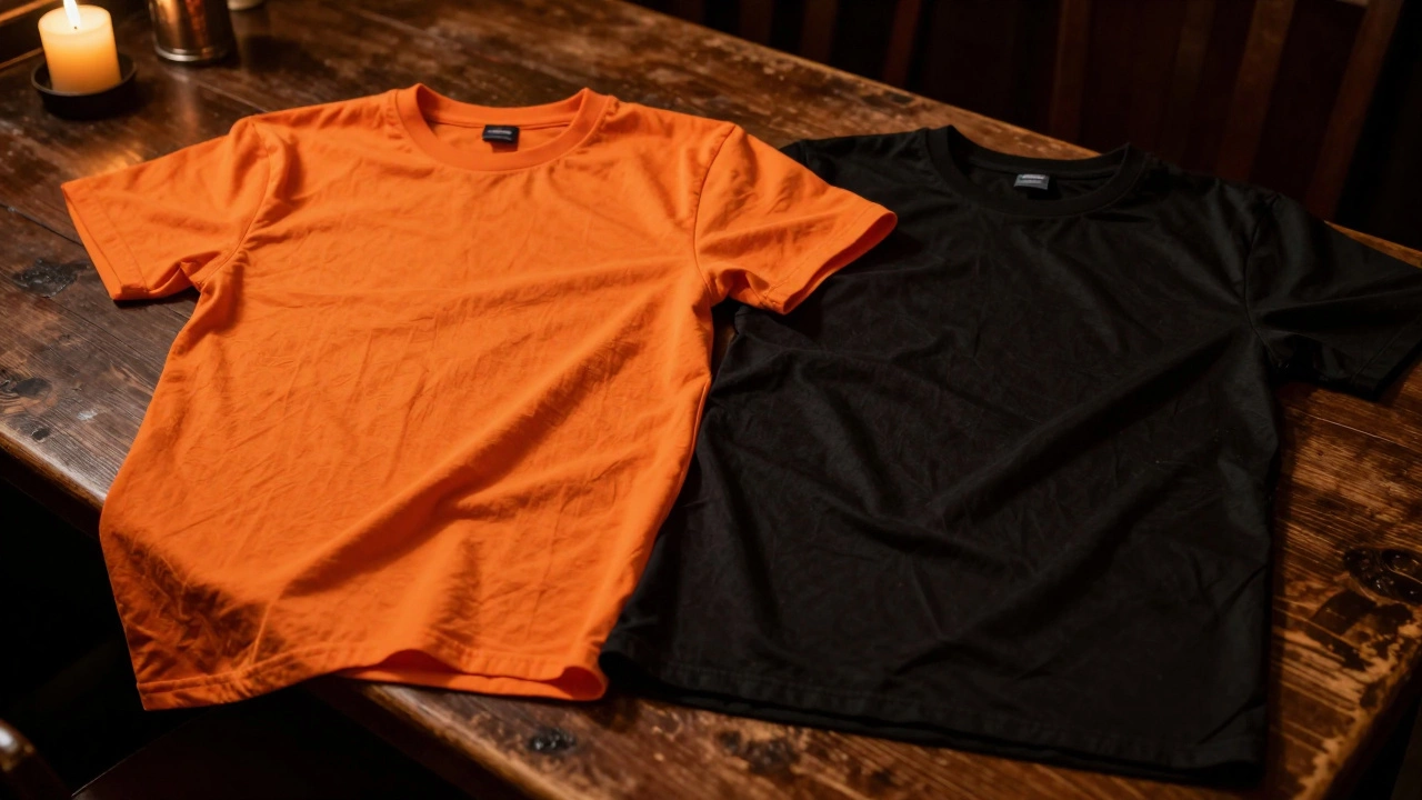 Orange vs black shirts showing fabric thickness and color impact