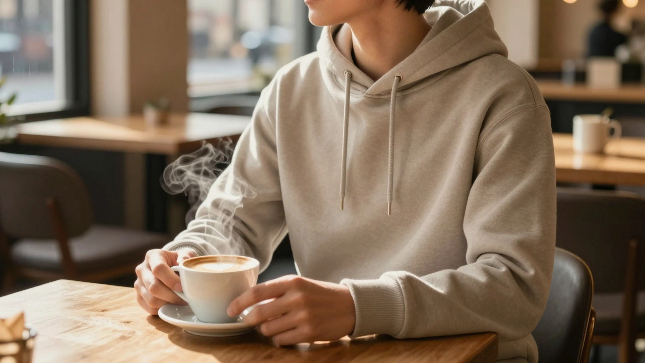 Person in stylish premium hoodie sitting in a warm Irish cafe