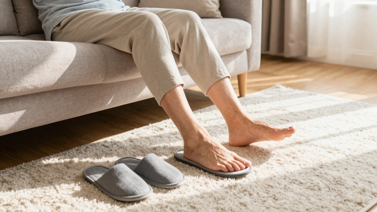Person relaxing barefoot on sofa with slippers removed nearby