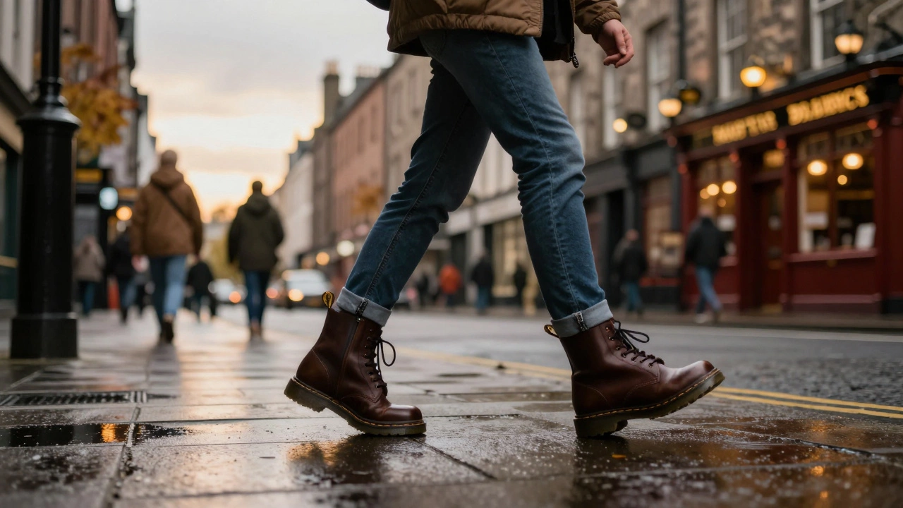 Person walking in leather boots on a rainy Irish city street at dusk.