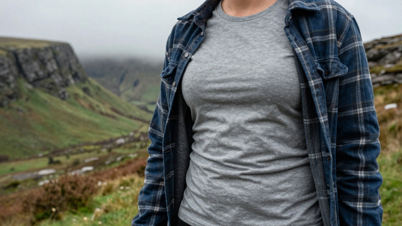 Person wearing layered t-shirt hiking in Irish mountains