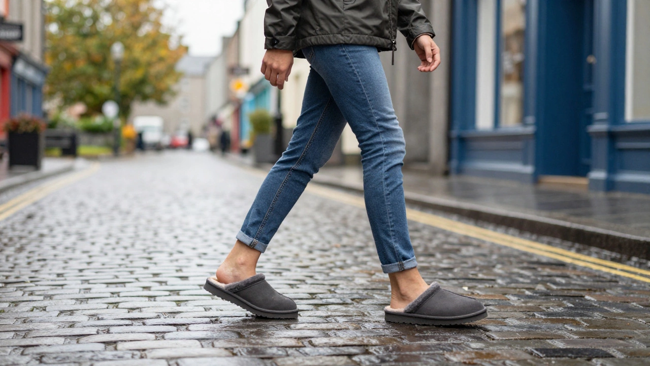 Person wearing UGG slippers walking on wet Galway street