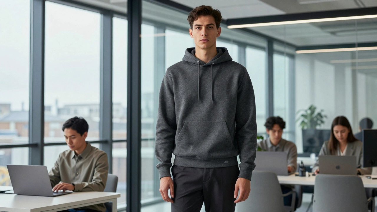 Professional in designer hoodie in modern Dublin tech office