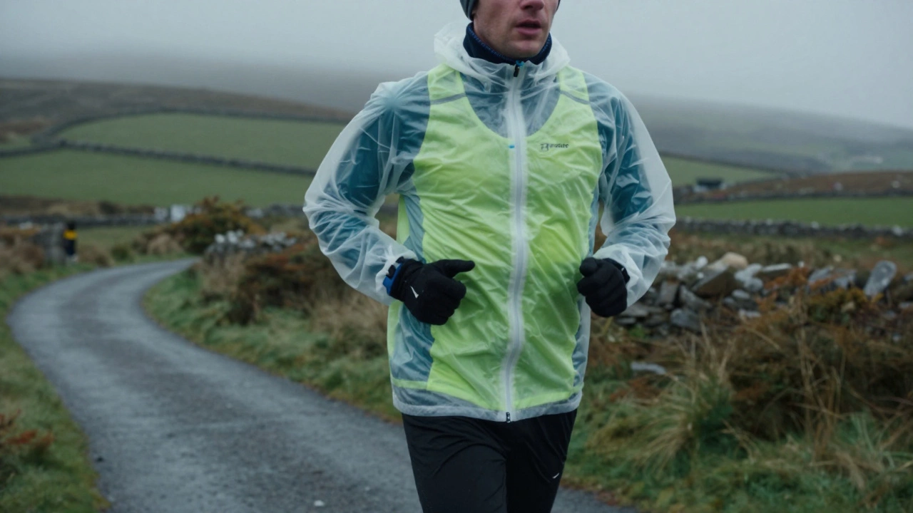 Runner in layered sportswear amidst misty Irish landscape