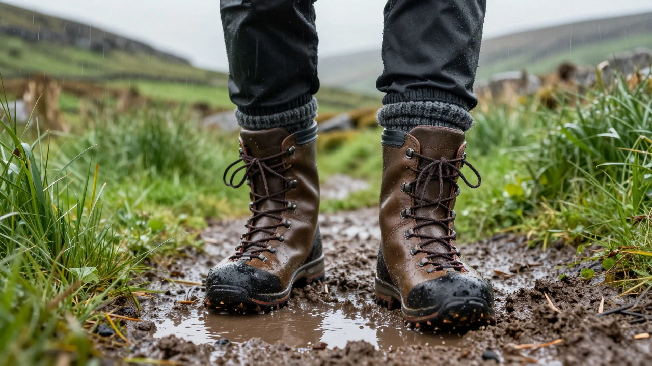Sturdy waterproof boots walking through mud in rainy Irish countryside