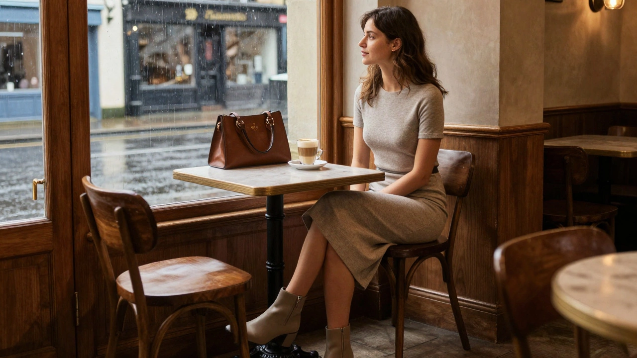 Stylish woman in office-appropriate boots and dress sitting in a rainy Cork cafe