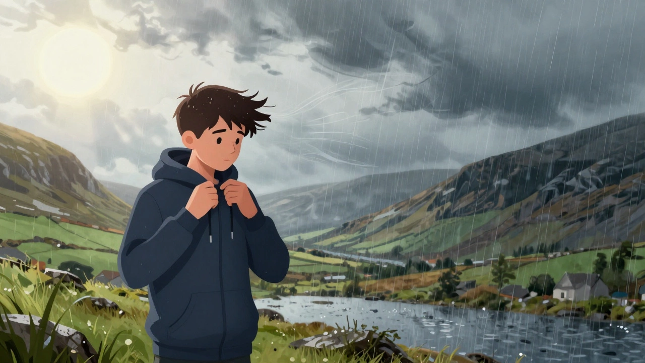 Teen pulling up hoodie against sudden Irish wind and rain