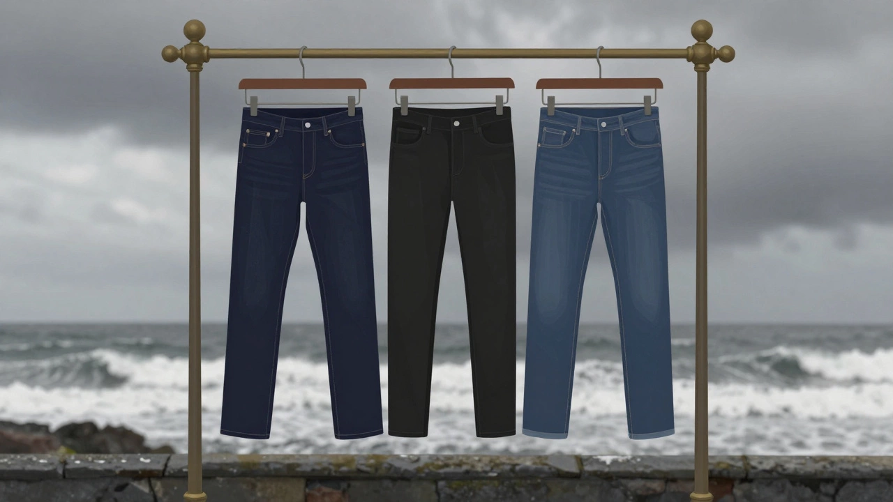 Three pairs of timeless jeans hanging in a boutique with coastal view.