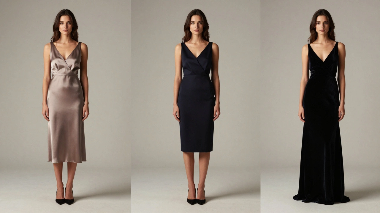 Three women modeling tea-length, cocktail, and full-length gowns