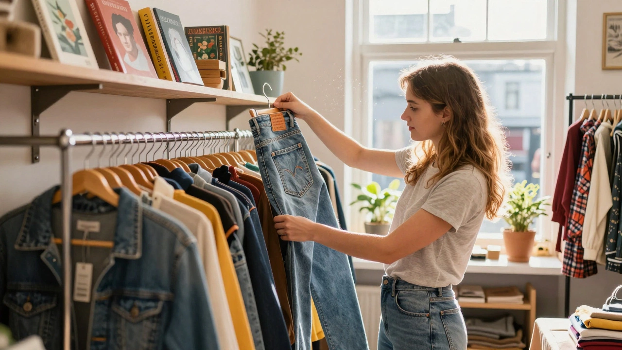 Woman browsing vintage Levi's jeans in a sunny Irish charity shop