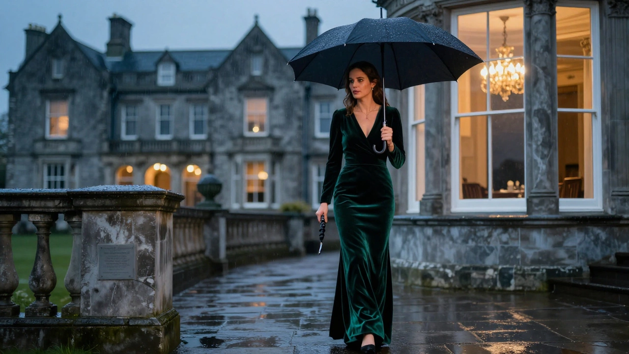 Woman in green velvet gown on rainy terrace outside historic manor