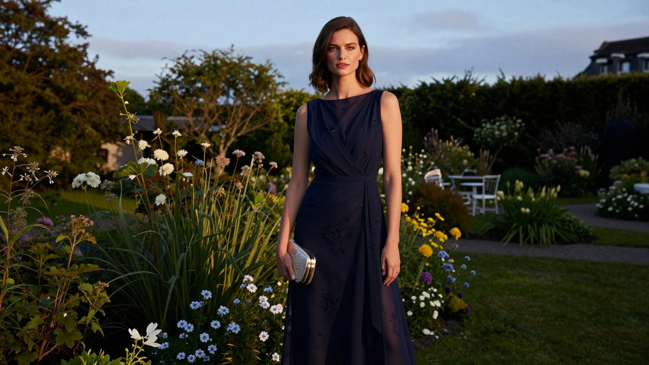 Woman in navy dress at Irish summer garden party at dusk