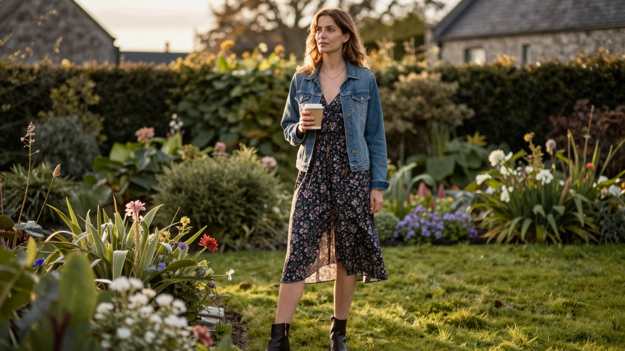 Woman wearing layered sundress with denim jacket outdoors