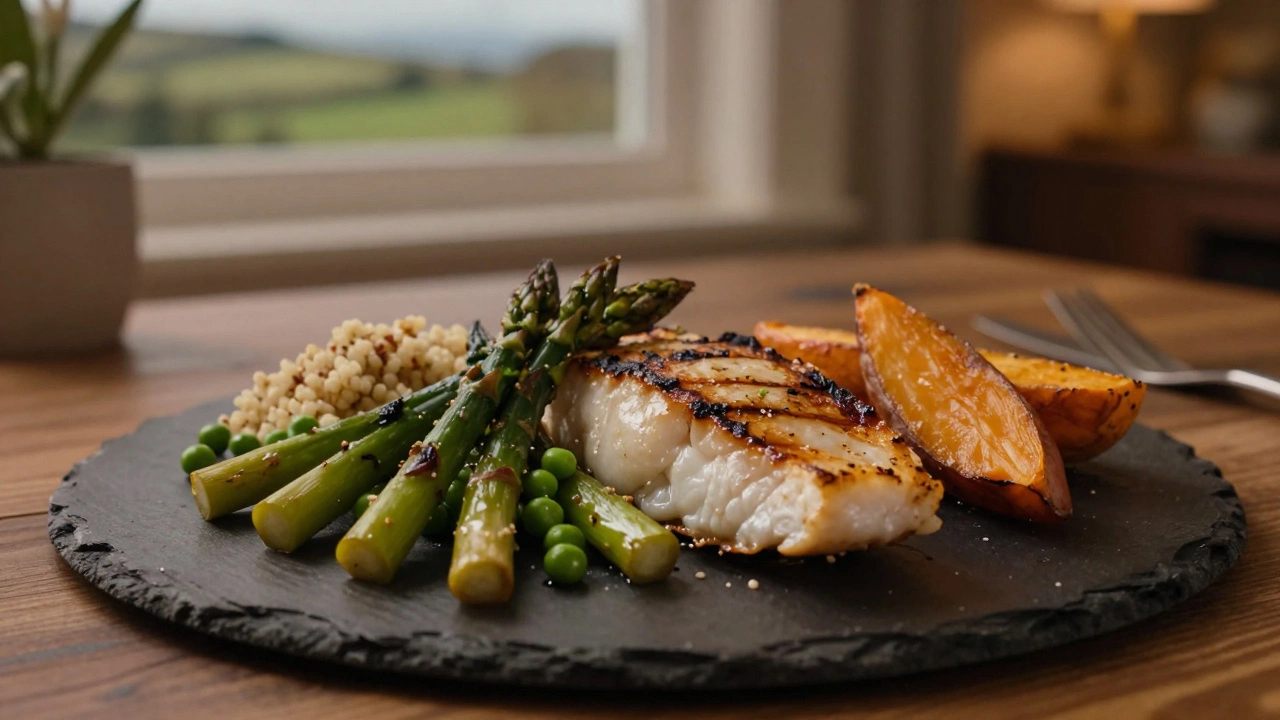 Balanced dinner plate with grilled fish, quinoa, and roasted seasonal vegetables