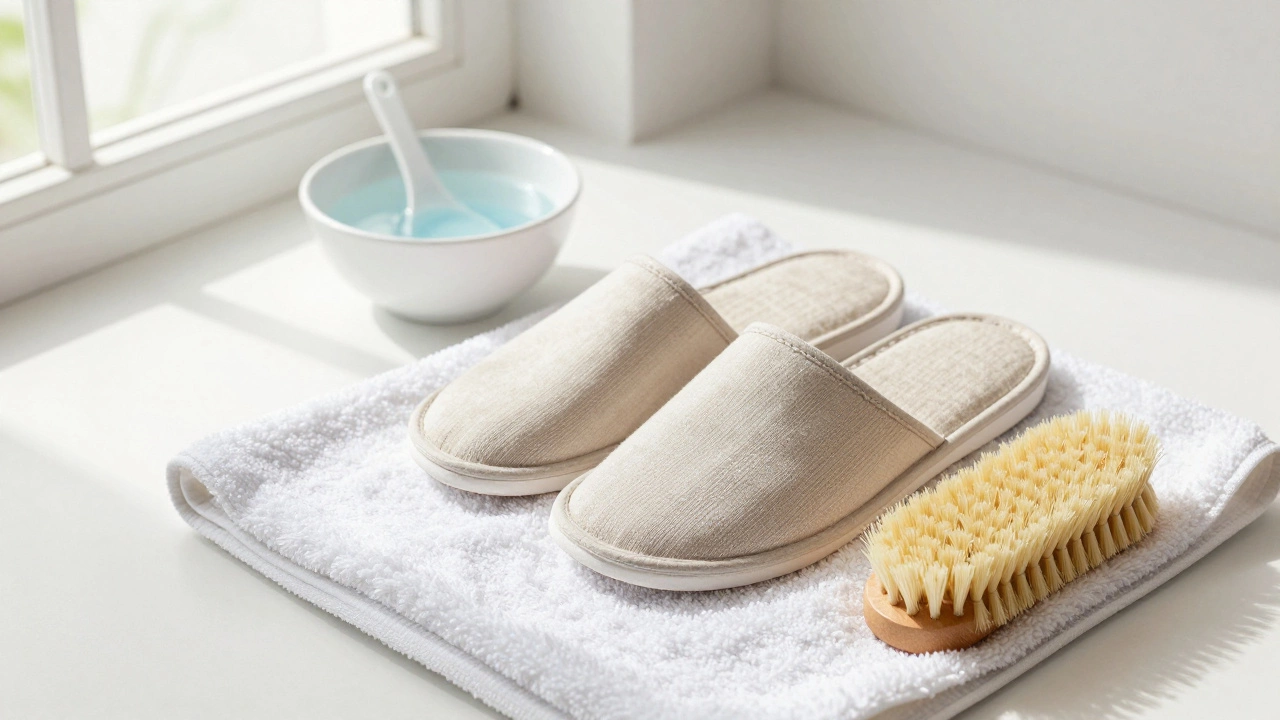 Canvas slippers laid out for hand washing and air drying