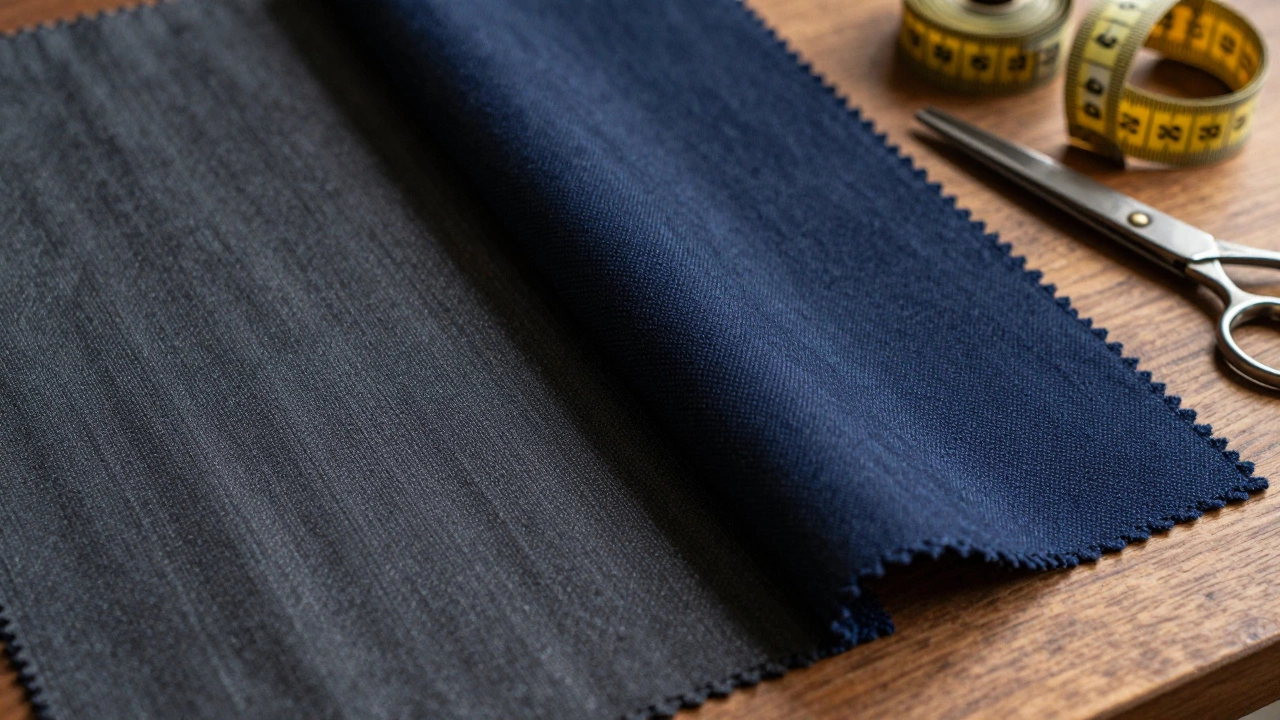 Close-up comparison of shiny polyester fabric versus matte high-quality wool on a tailor's table.