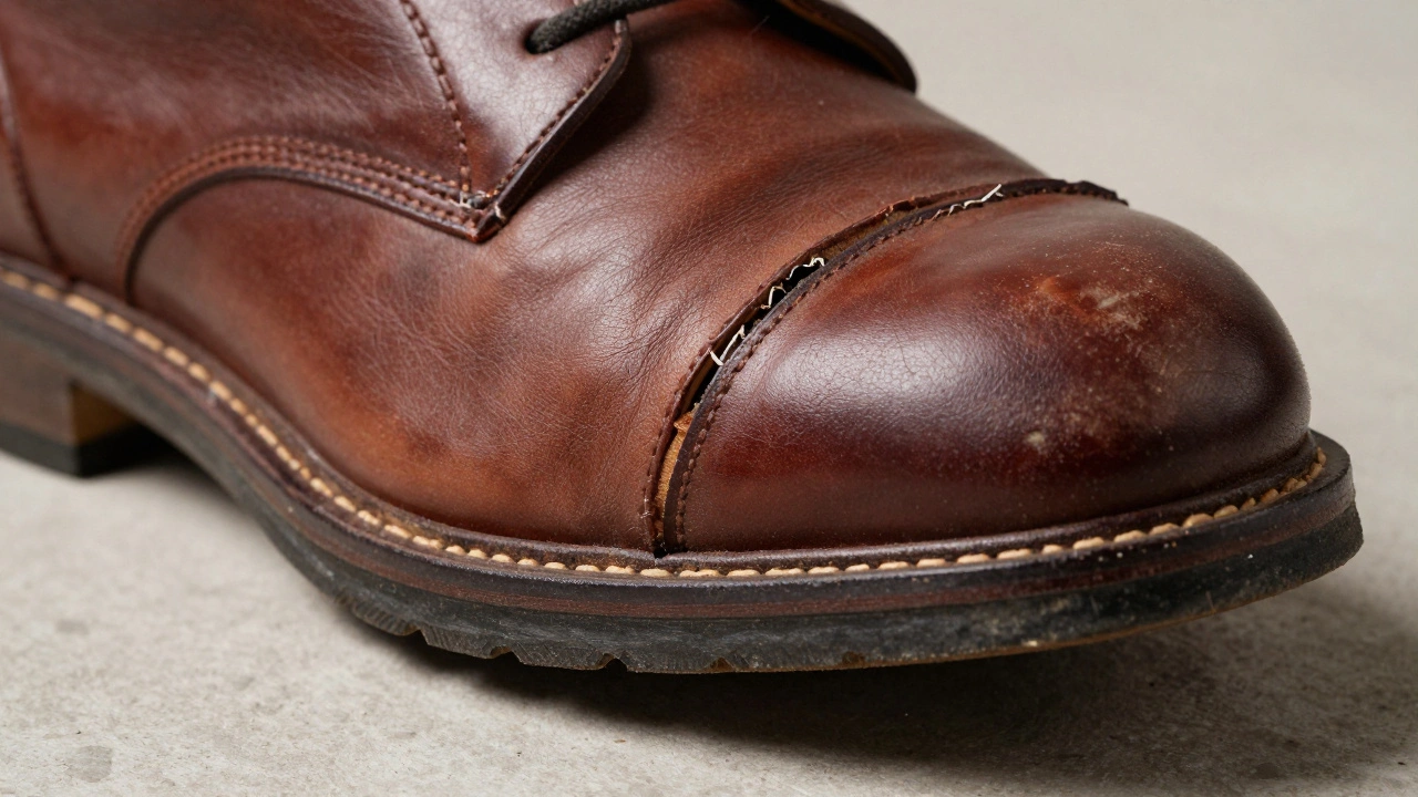 Close-up of cracked leather and separated shoe sole showing damage