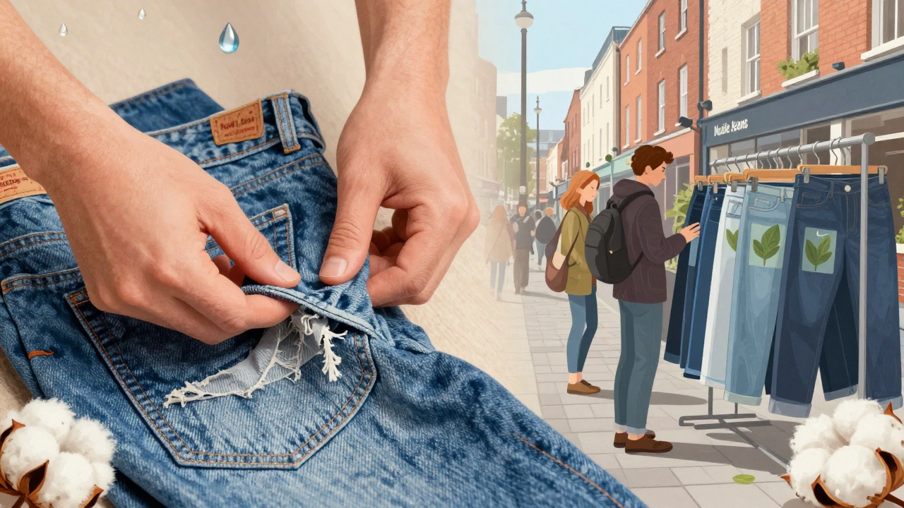 Close-up of repaired denim jeans symbolizing sustainable fashion