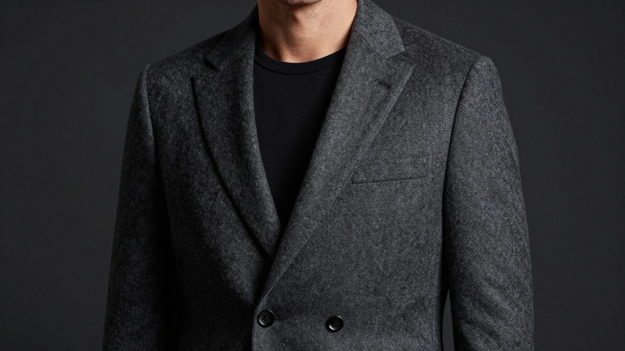 Close-up of textured charcoal grey wool blazer