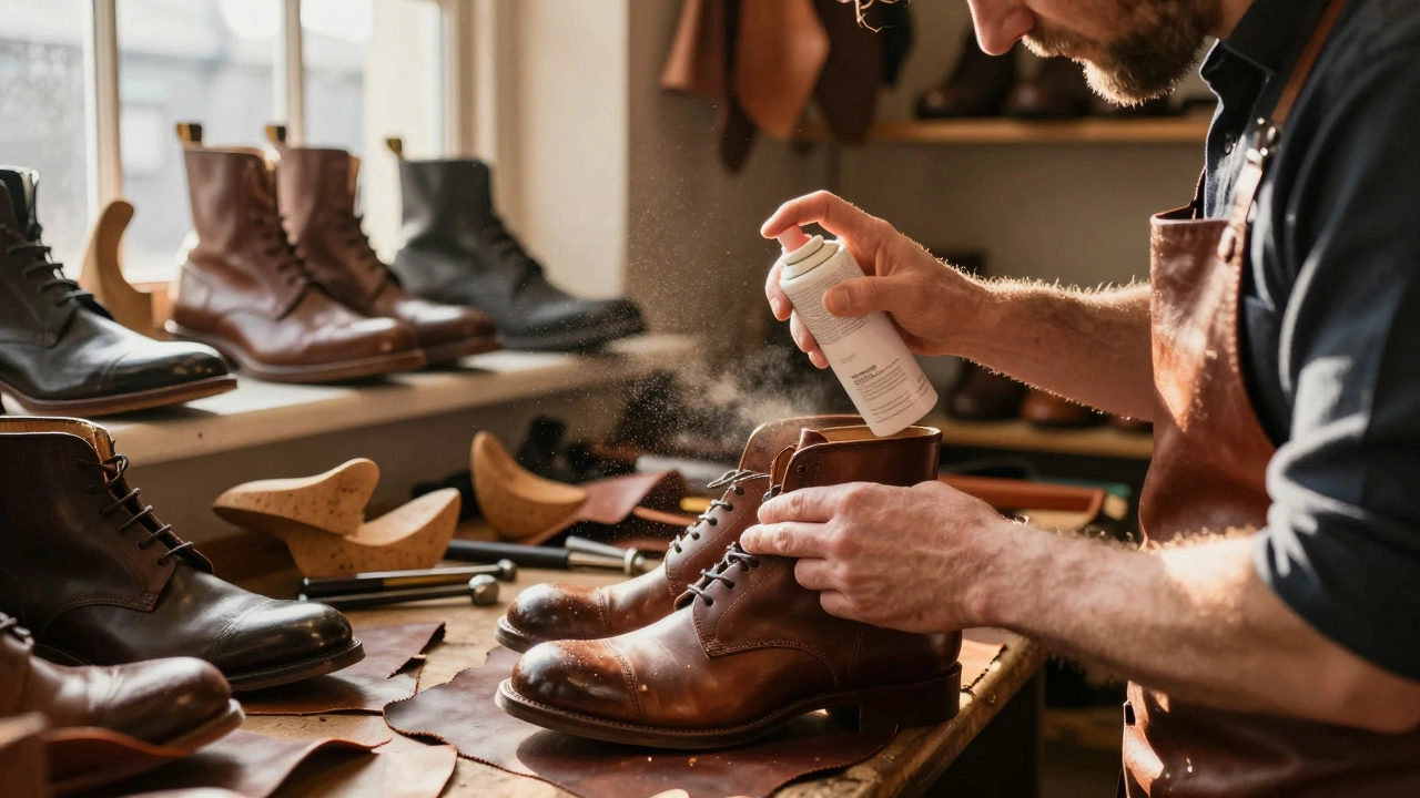 Cobbler applying waterproof spray to leather boots in workshop