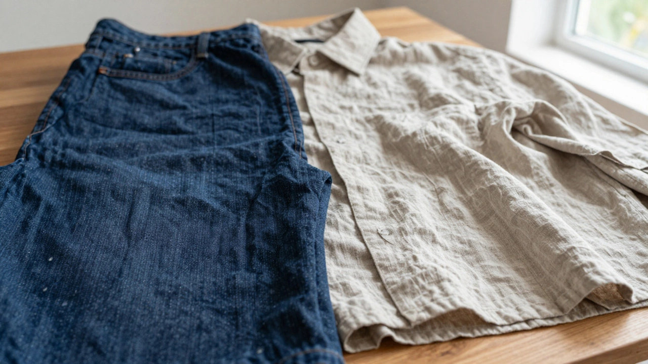 Contrast between stiff denim and airy, wrinkled linen fabric textures