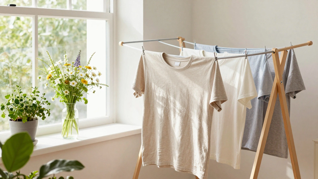 Cotton t-shirts air-drying on a rack in a sunny, eco-friendly apartment.