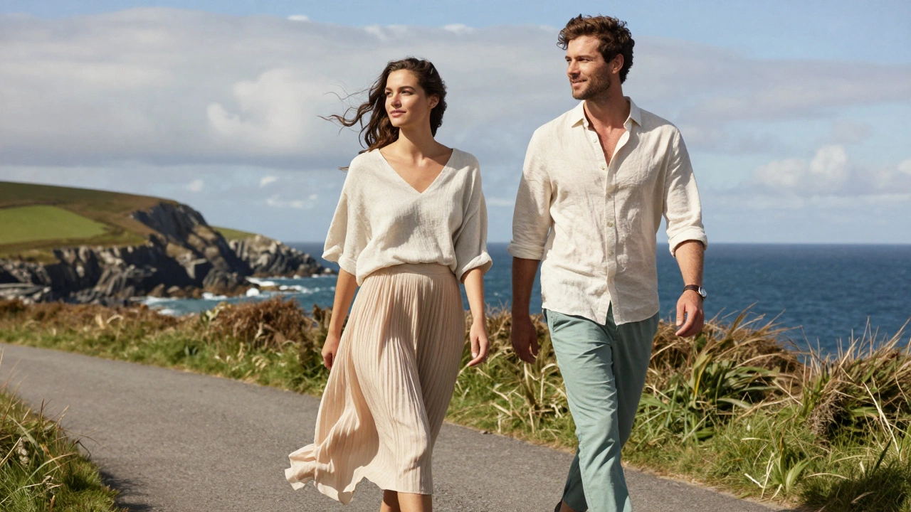 Couple wearing breathable linen and viscose clothes on an Irish coast