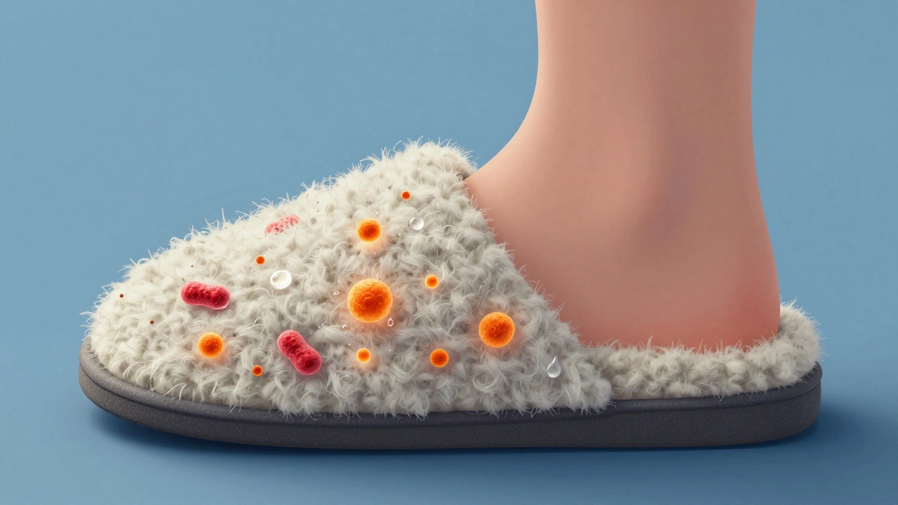 Cross-section showing bacteria and moisture in sheepskin slipper