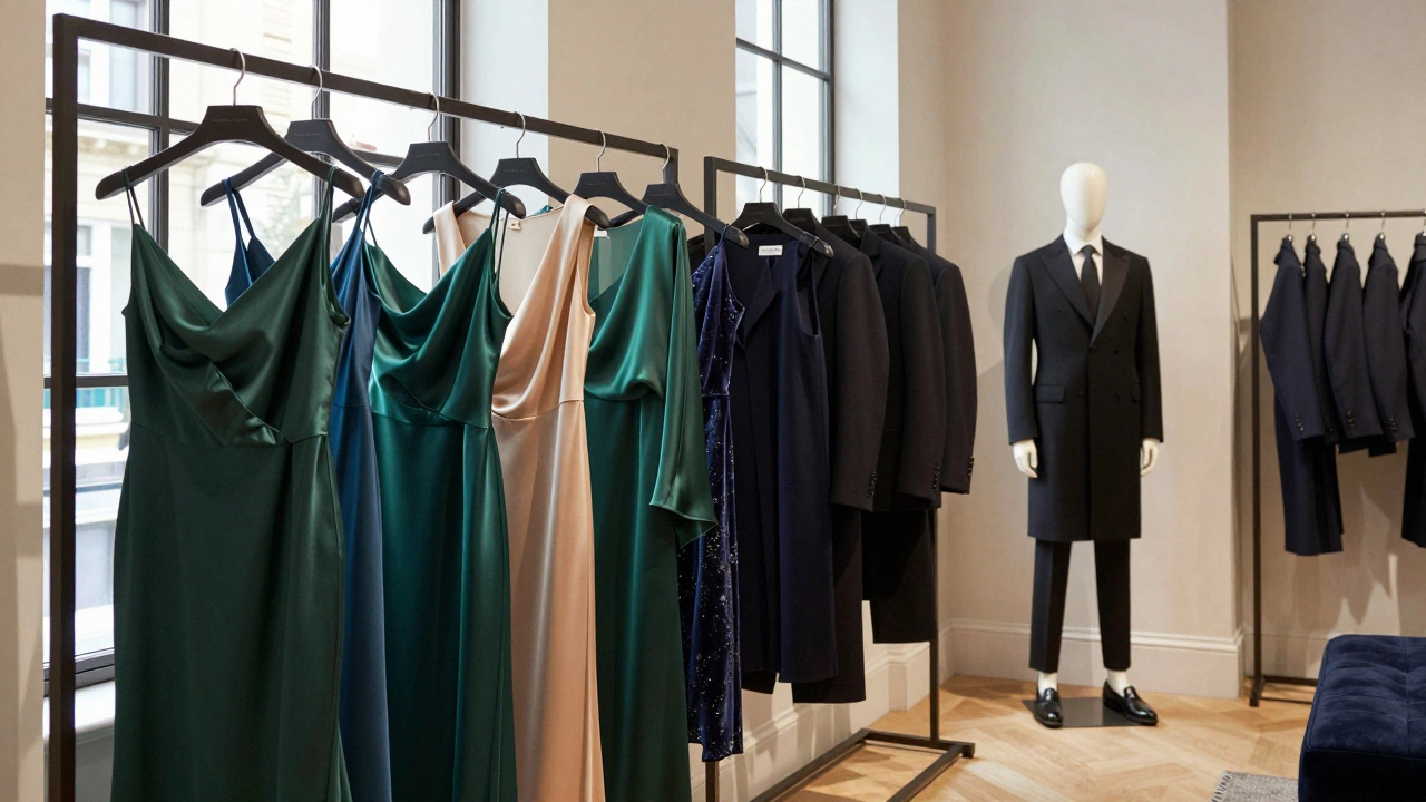 Elegant evening dresses and suits displayed in a luxury Irish boutique