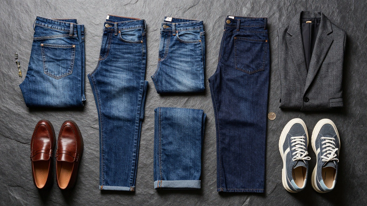 Flat lay of various denim styles with shoes and accessories on slate